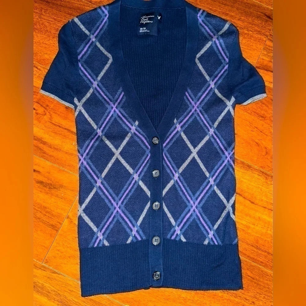American Eagle Navy Blue, Gray & Purple Short Sleeve Cardigan Sweater